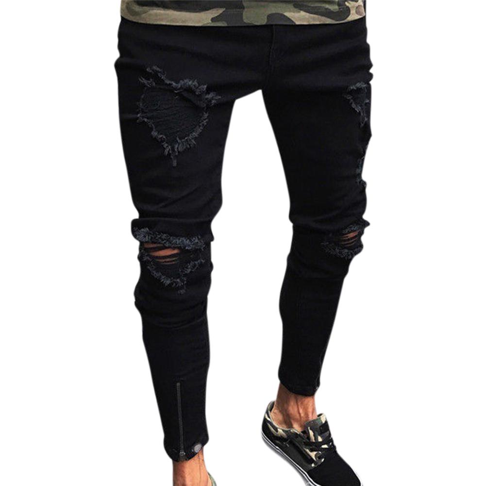 

Fashion Men Ripped Skinny Jeans Destroyed Frayed Slim Fit Denim Pant with Zipper, Black
