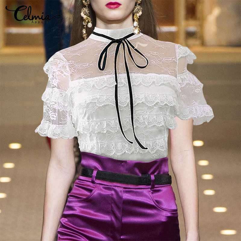 

Celmia Elegant Blouse Women High Collar Lace Stitching Shirts Summer Ruffles Short Sleeve Top Tunic See-Through Casual Blusas 8, Black