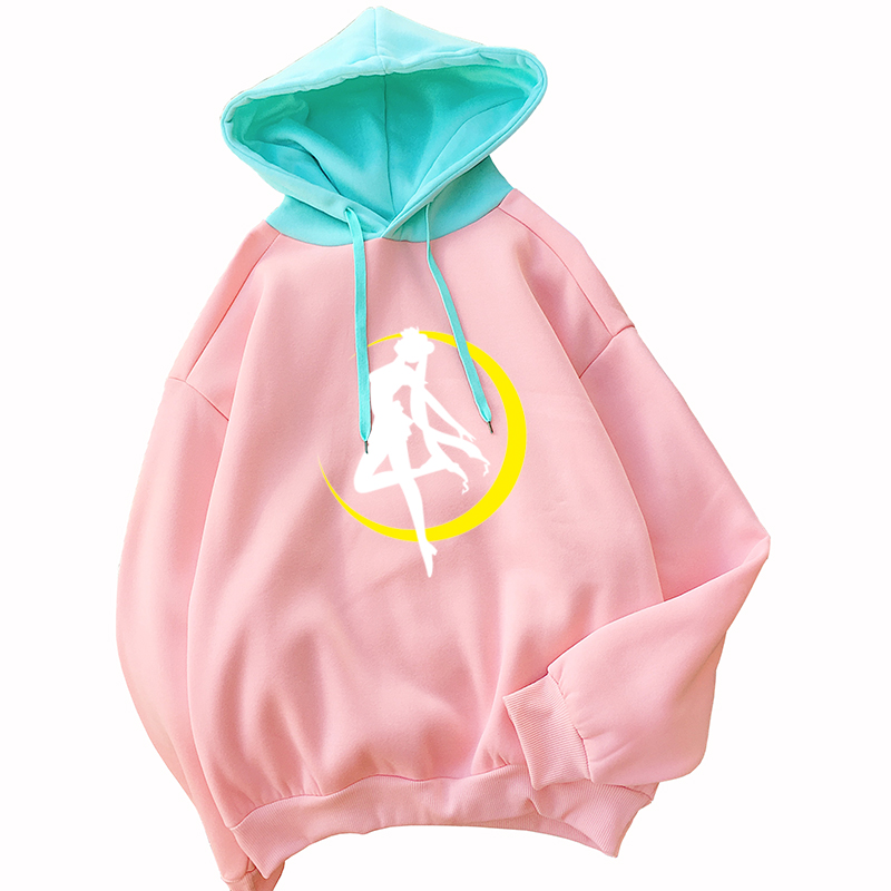 

Hoodies Women Casual Lady Fleece Sweatshirt Long Sleeve Loose Autumn Winter Harajuku Kawaii Cartoon Sailor Moon Cute Hooded, Pink