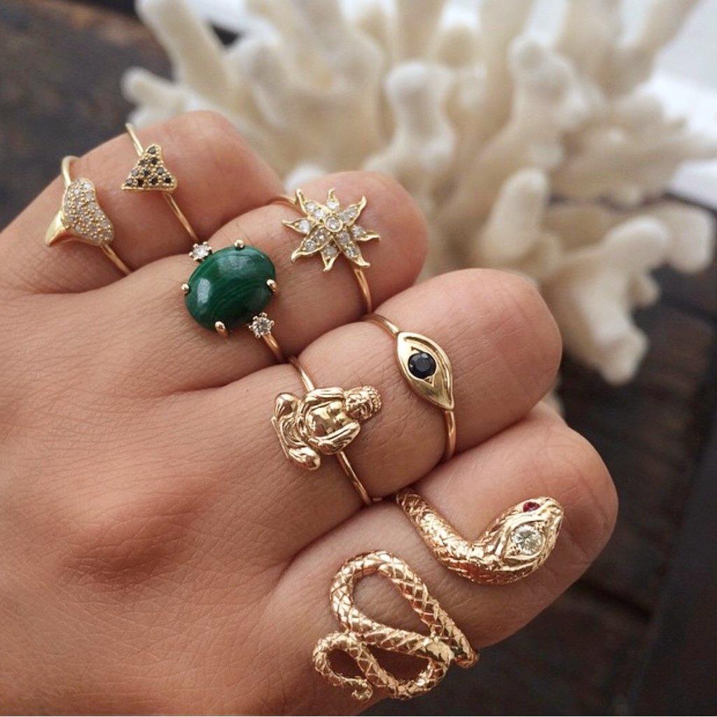 

7 Pcs/ Set Punk Women Snake Boddha Lotus Flower Crystal Gem Stone Gold Ring Set Personality Girl Joint Ring Party Jewelry Ring, Silver