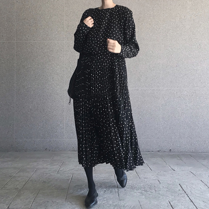 

Korean Style Spring New 2020 Women Dress Long Sleeve Round Collar Dot Ladies Dress High Waist Fashion Women Clothing V947, Black