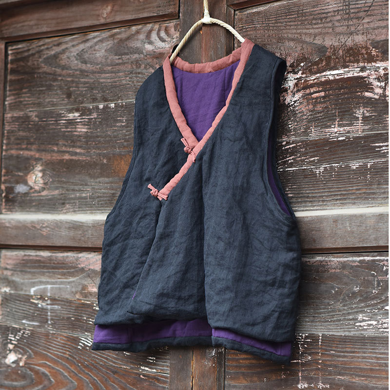 

Cotton Linen Women Parkas 2020 New Contrast Color Winter Cotton Padded Warm Sleeveless Vest V neck Women Coat YoYiKamomo