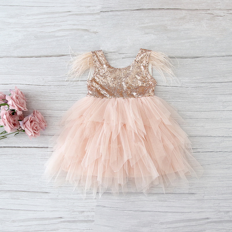 

Retail Feather Sequins Tiered Girls Dress Fluffy Tulle Party Kids Princess Dresses for Girls Baby Clothes 2-10Y E13846, Beige