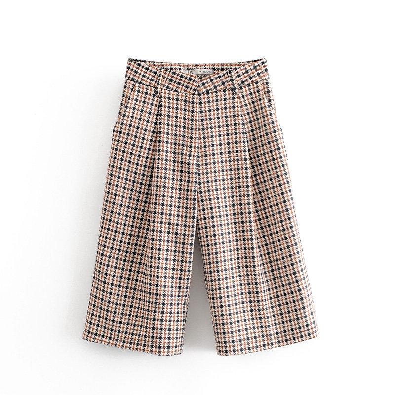 

Women Chic Plaid Half Length Pants Zipper Design Pockets Office Wear Female Elegant Basic Trousers, As picture