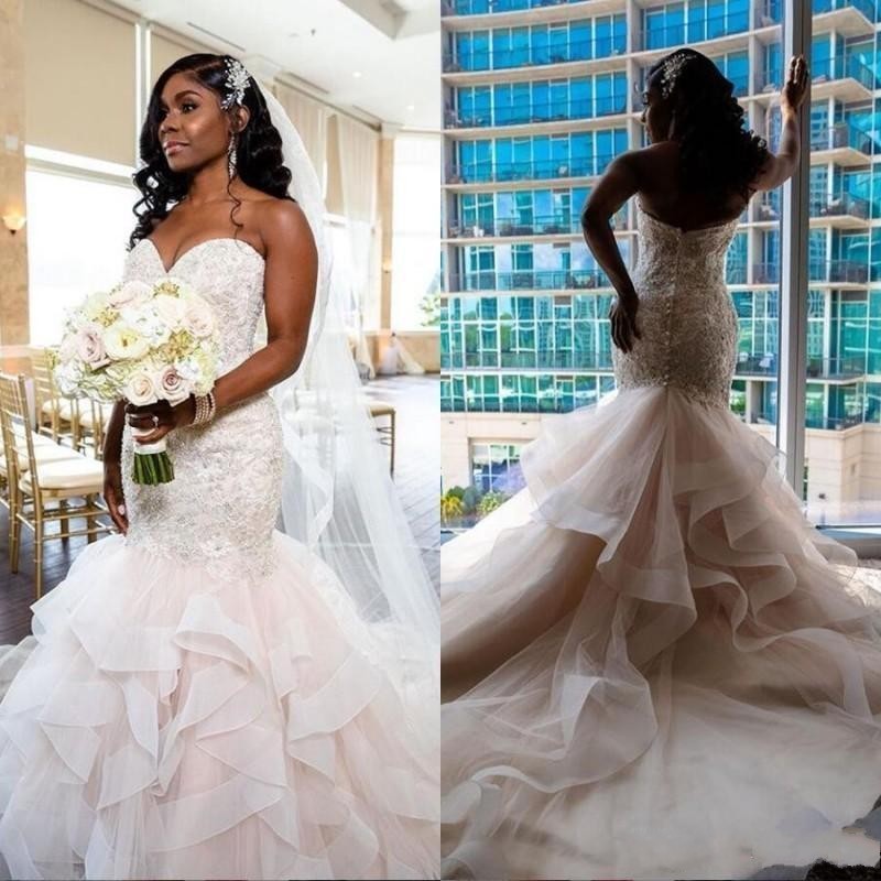 

2020 Gorgeous Plus Size Mermaid Wedding Dresses Sweetheart Lace Applique Cascading Ruffles Sweep Train Wedding Gowns vestido de novia, Champagne