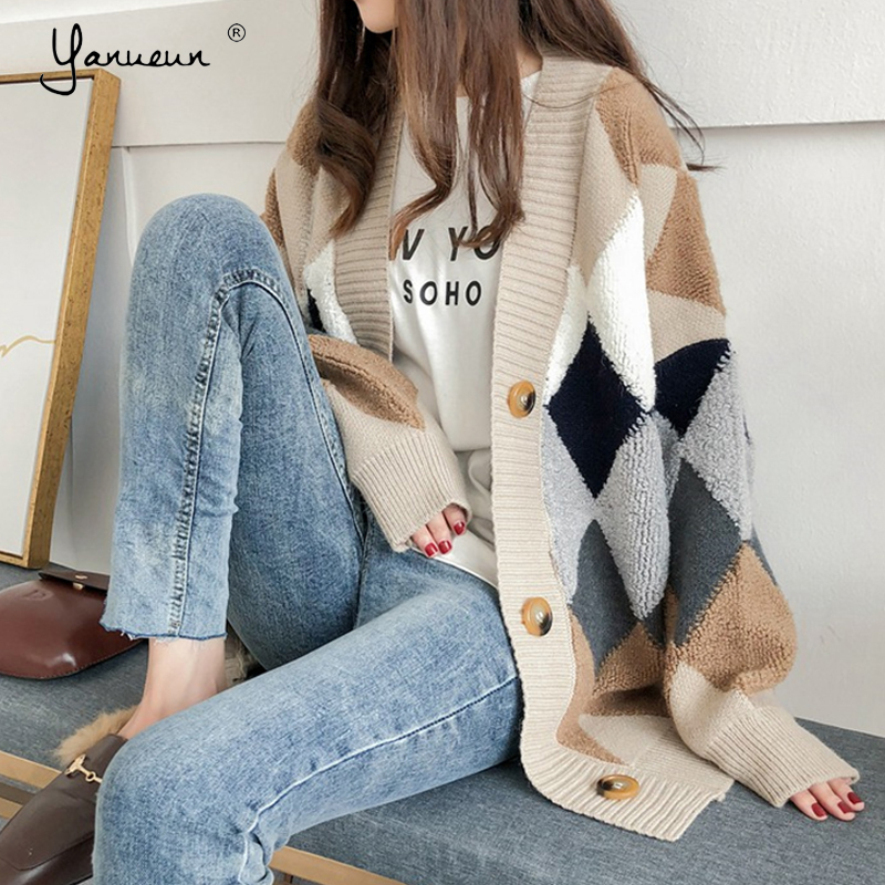 

Yanueun Womens Cardigan and Sweater Spring Autumn Winter Casual Plaid V-Neck Single Breasted Long Sleeve Loose cardigans, Khaki