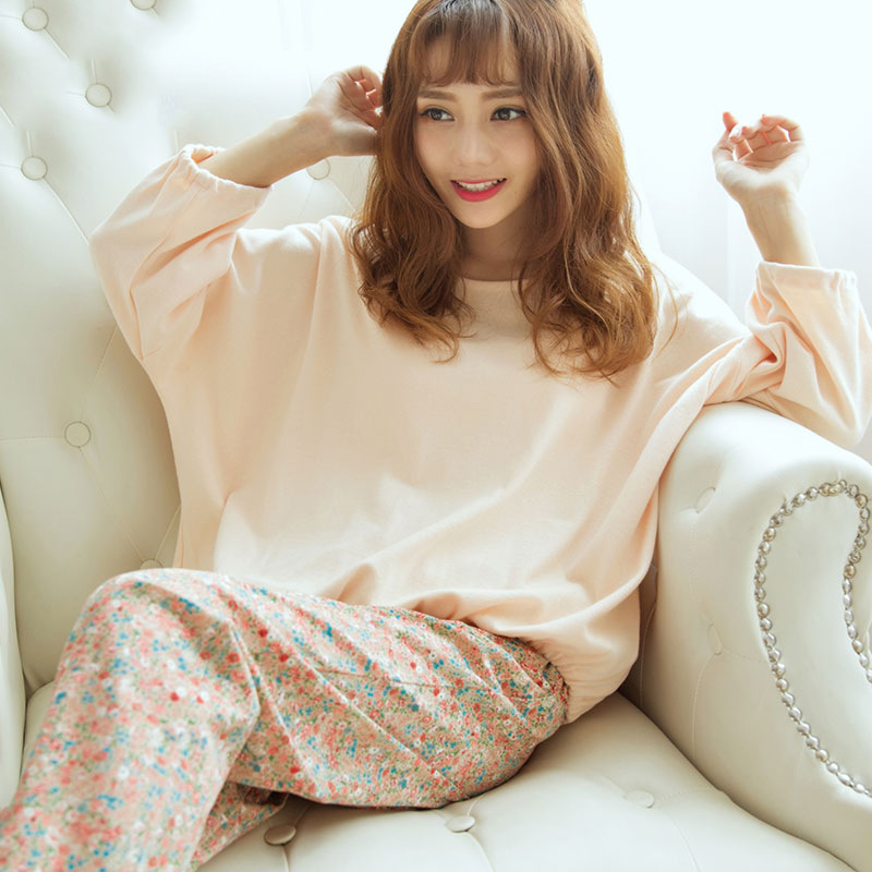 

Korean floral printed women pajama set plus size round neck two piece women pajamas casual long sleeve sleepwear clothing
