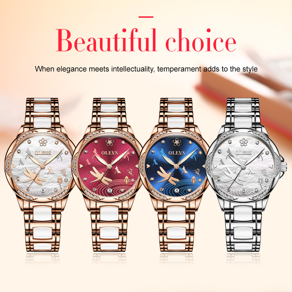 OLEVS Luxury Women's Watch Sparkling Diamonds Stainless Steel Ceramic Watchband Wristwatches Mechanical Movement Luminous Waterproof Watches-image-504303697