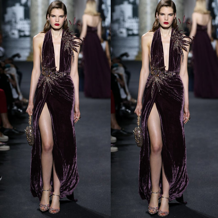 

Elie Saab Velvet Evening Dresses Sexy Deep V Neck High Split Peplum Prom Dress Backless Formal Long Party Gowns, Blue