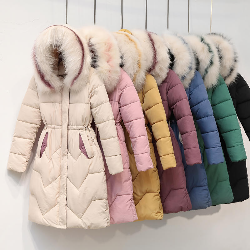 

Wholesale down cotton women's winter long section Slim large fur collar over the knee thick cotton coat, Creamy-white
