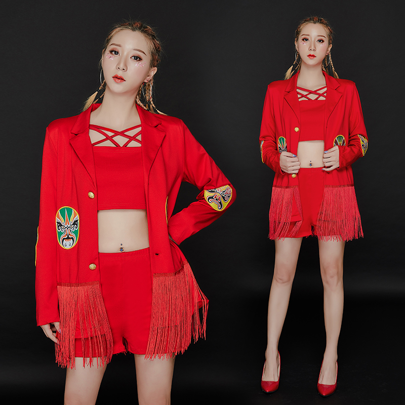 

Sexy Nightclub Dj Costume Female Singer Clothes Birthday Party Suits Red Fringe 3pcs Set GOGO Pole Dance Ensemble Femme BI679, 3pcs suit