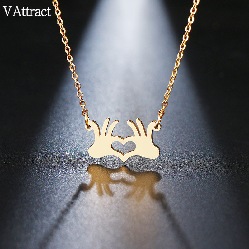 

V Attract Stainless Steel Chain Lovers Heart Necklaces Double Hand Heart Love Gold Necklace Jewellery Choker girlfriend Gift