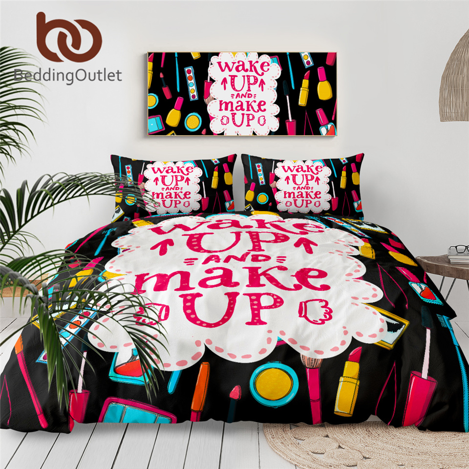 

BeddingOutlet Girls Bedding Set Letters Fashion Duvet Cover Makeup and Cosmetics Bed Set 3pcs Lipstick Woman Bedclothes Dropship