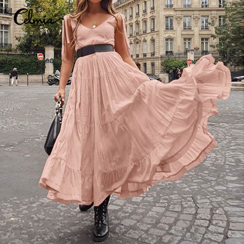 

Celmia Summer High Waist Party Long Dress Fashion Pleated Ruffles Maxi Sundress Strap Dresses V Neck Loose Sleeveless Vestidos 7, Black