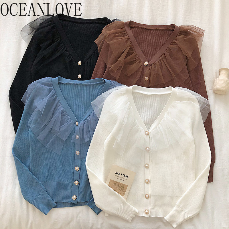 

OCEANLOVE Lace Patchwork Ruffles Women Sweaters Sweet 2020 Spring Autumn Solid Cardigans V Neck Elegant Sueter Mujer 13902, Black