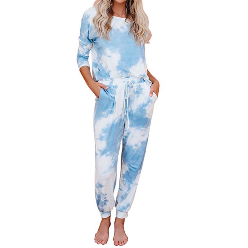 Ensemble 2 pièces pour femmes, robe, teinture par nouage, survêtement, pull à manches longues et pantalon de survêtement avec cordon de serrage,
