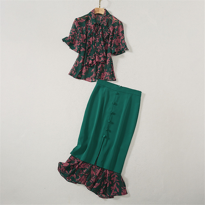 

Womens Clothing Sets Two Pieces for Summer 2020 New Elegant Office Lady Outfits Print Chiffon Shirt and Skirt Matching Sets Suit, Green