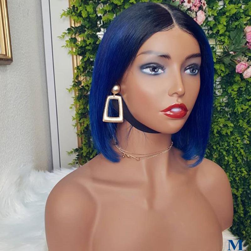 

150Density Bob Ombre Blue Silky Straight Human Hair Lace Front Wigs Transparent Lace 13X6 Front Blue Bob Human Hair Wigs, 13x3 lace front wig