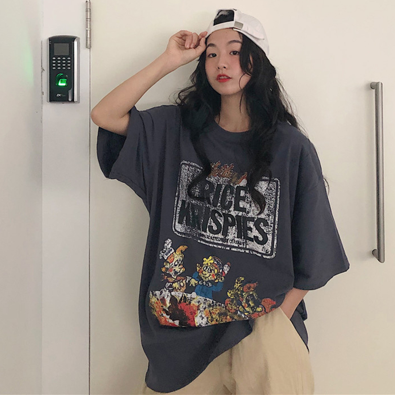 

Vintage Cartoon Print Summer Tshirts Women Casual Oversized Shirts Funny Letter Long Tops Plus Size Short Sleeve W438, Gray