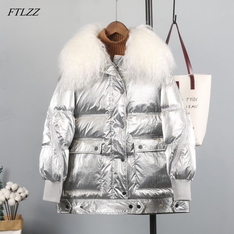 

FTLZZ Winter Silver Black White Duck Down Coat Women Wool Fur Collar Zipper Duck Parkas Female Waterproof Snow Outerwear