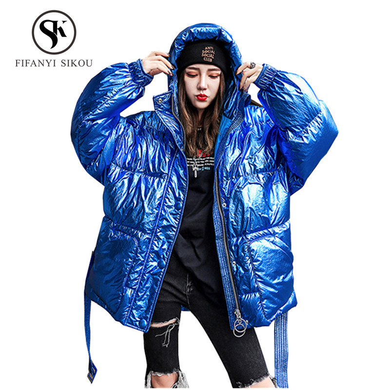 

Fashion Streetwear Cotton wadded jacket Hooded Parka Winter jacket women Loose Thick warm Outerwear Female Plus size Cotton Coat, Blue