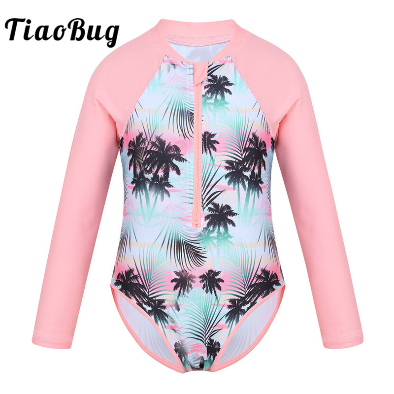 

TiaoBug Kids Girls Fashion One-piece Long Sleeve Palm Printed Zippered Swimsuit Rash Guard Children Beach Swimwear Bathing Suits