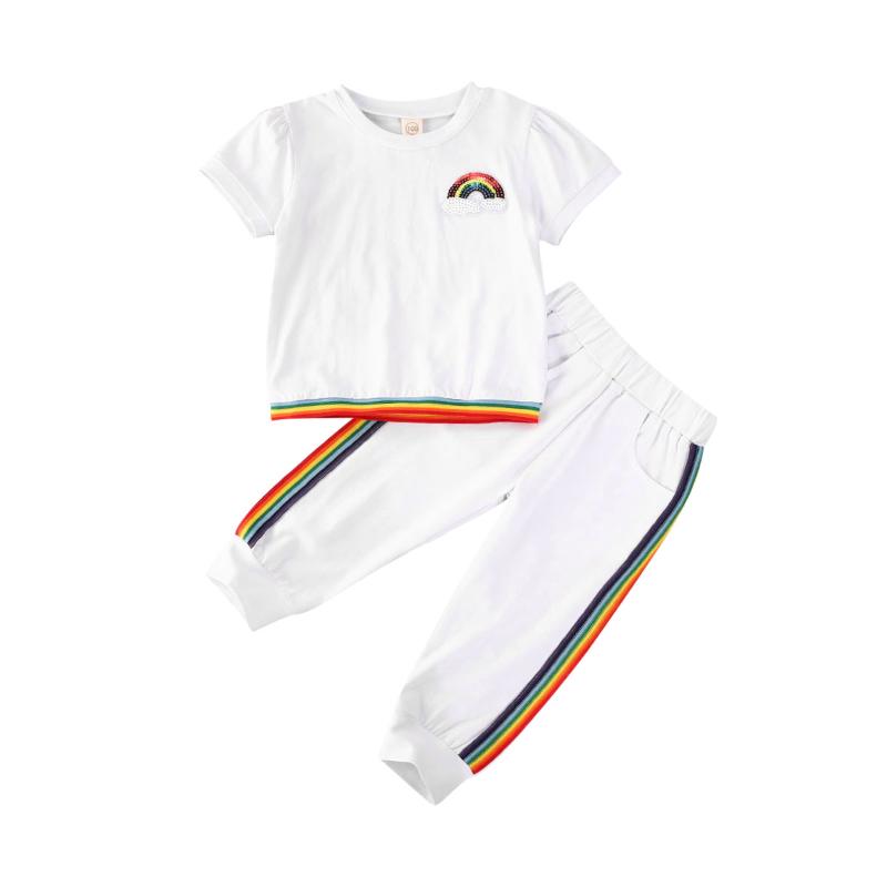 

1-5Y Summer Fashion infant Baby Girls Clothes Sets Rainbow Print Short Sleeve T Shirts Tops+Long Pants 2Pcs, White