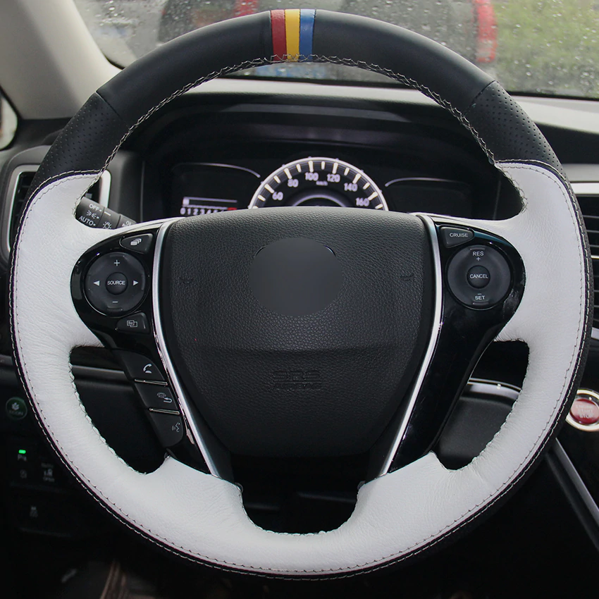 Black Natural Leather White Natural Leather Steering Wheel Cover for Honda Accord 9 Odyssey Crosstour 2013-2016 Pilot 2016 2017-image-441938340