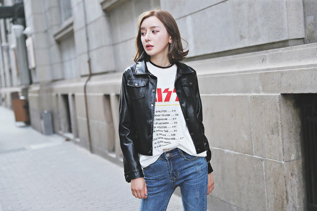 

FJ936B-2020 spring and autumn new locomotive women's short fit leather coat small Lapel short coat locomotive leather jacket, Black
