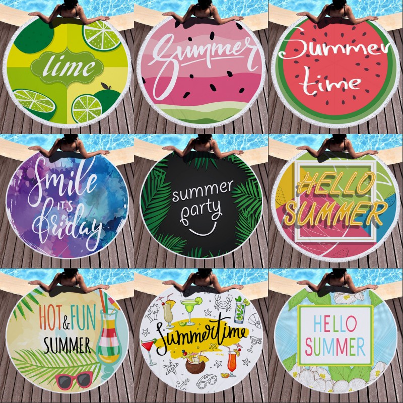 

Polyester Tassel Beach Towel 150cm Round Summer Fruit Print Tapestry Fringed Edge Sports Yoga Mat Sunscreen Shawl, As picture