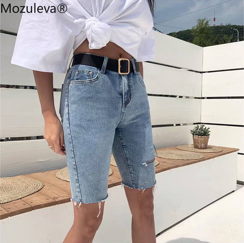 

Mozuleva Casual Stretch High Waist Blue Destroy Ripped Denim Shorts 2020 Summer Women Pockets Tassel Midi Shorts Jeans for Women, Black