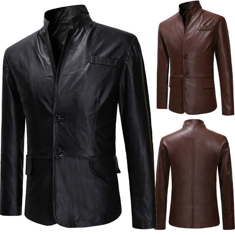 

Men's European and American Men's Classic Two Button Casual Slim Collar Leather Suit, Dark brown-5280