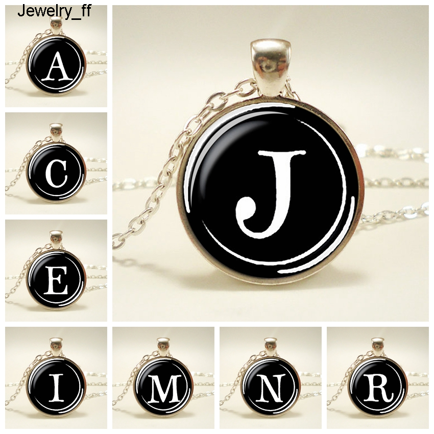 

26 Letters Necklace Alphabets Glass Cabochon Pendant Silver Color Chain Necklace Name Initial Letters Men Women Fashion Jewelry