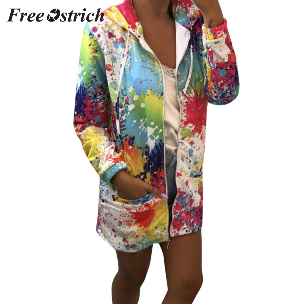 

FREE OSTRICH Personality autumn and winter fashion women' tie color tie dyed printed jacket sweatshirt hooded pocket jacket hot, Black