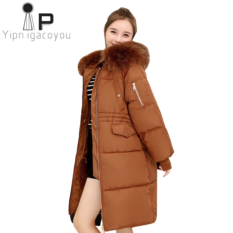 

Autumn Winter Down Coat Women Ladies Fashion Fur Hoodie Long Down jacket Cotton Thick Parkas Female Overcoat Warm Clothing Coat, Black