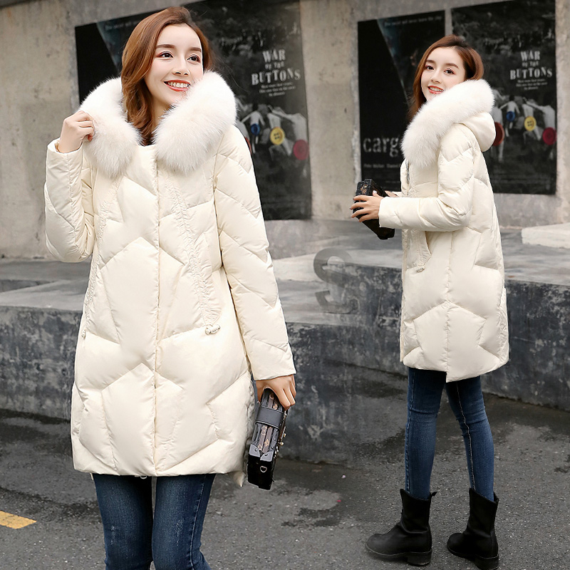 

Fashion Winter Big fur collar Hooded Duck down jacket women 2019 New Korean Thick Warm Long Down coat women's Outerwear Parkas, Black
