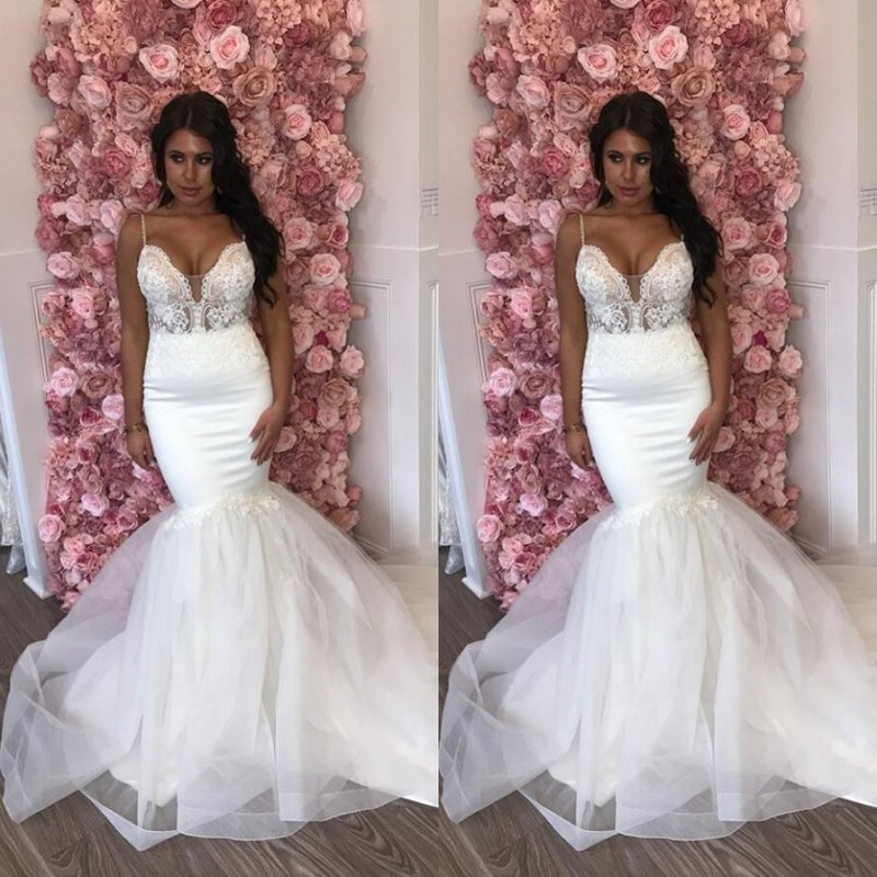 

Gorgeous Lace Mermaid Beach Wedding Dresses Vestidos De Novia Spaghetti Strap Sweep Train Tulle Bohemian Bridal Wedding Gowns With Appliques, Ivory