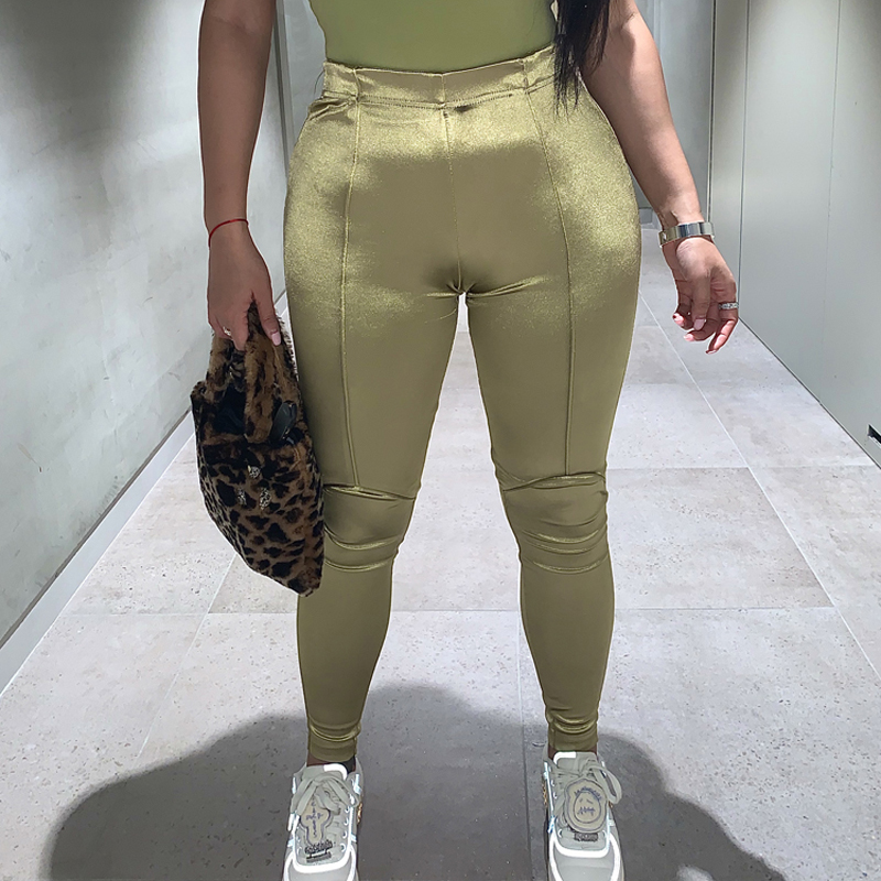 

2 Colors Light Gold Black Metallic Ultra-High Elastic Silk Stitching Elastic Waist Small Feet Bottoming Trousers Leggings, Color-2
