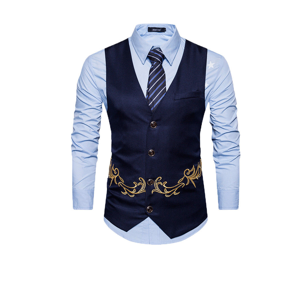 

New Arrival embroidered Breasted Buttoned Vests Slim Fit Men Suit Vest Male Waistcoat Casual Sleeveless Formal Business Jacket, Black