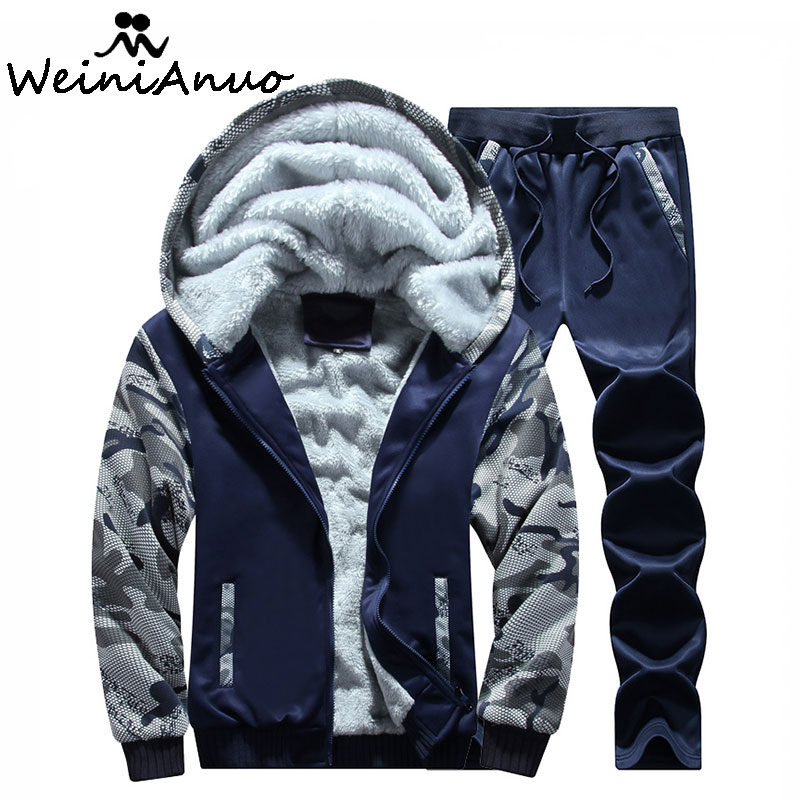 Weinianuo 2017 Marque Mens Set Nouvelle mode Sweat-shirt 2 pièces Vêtements Cardigan Cardigan Tracksuit Set de peluche d'hiver Homme Culu chaud 2