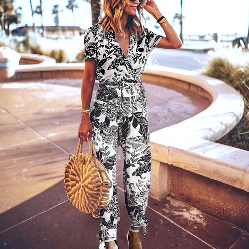 

Summer floral print jumpsuit women short sleeve beach romper ovealls v-neck cotton women jumpsuits new casual female clothes, White