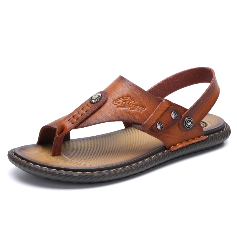 

2020 Men Sandals Genuine Split Leather Men Beach Sandals Casual Shoes Flip Flops Slippers Sneakers Summer Shoes, Black