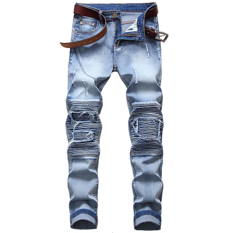 

Men Biker jeans Patchwork denim Pants Knee Holes Draped Sratched Panelled Washed high quality Plus Size 40, T-706