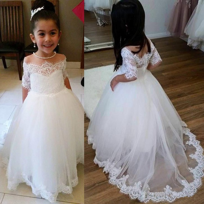 

Flower Girl Dresses for Wedding Off the Shoulder Lace Tulle First Communion Dresses For Girl Half Sleeve Birthday Party Gowns, All ivory