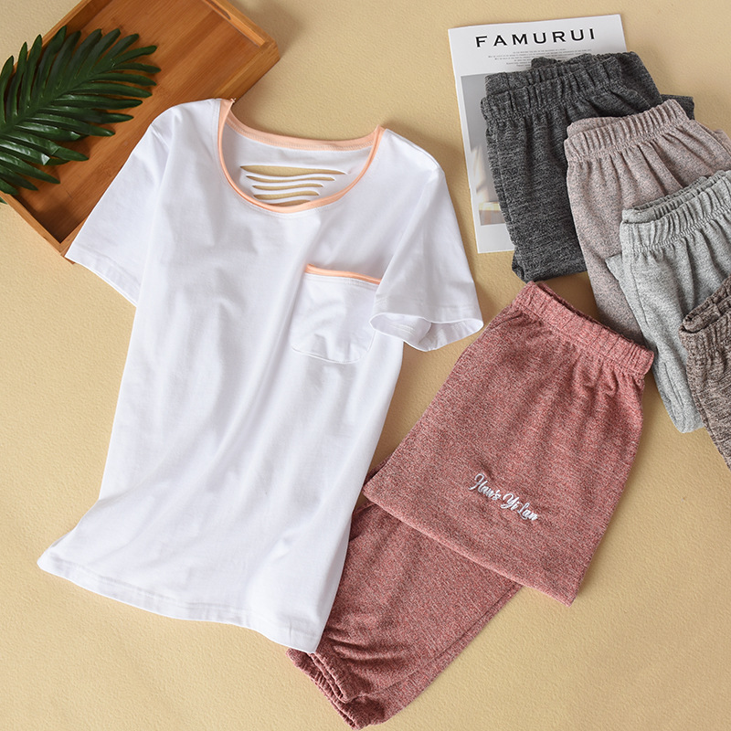 

Summer Pajamas for Women White T-shirt + Multi-color Loose Stretch Foot Pants Sleepwear Cotton Loungewear Pijama Home Clothes, Light gray pants
