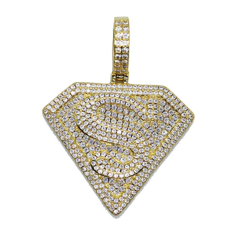 

Iced Out Superman Sign Pendant Necklace Gold Silver Plated Solid Back Charm Necklace for Mens Women Bling Party Jewelry Gift