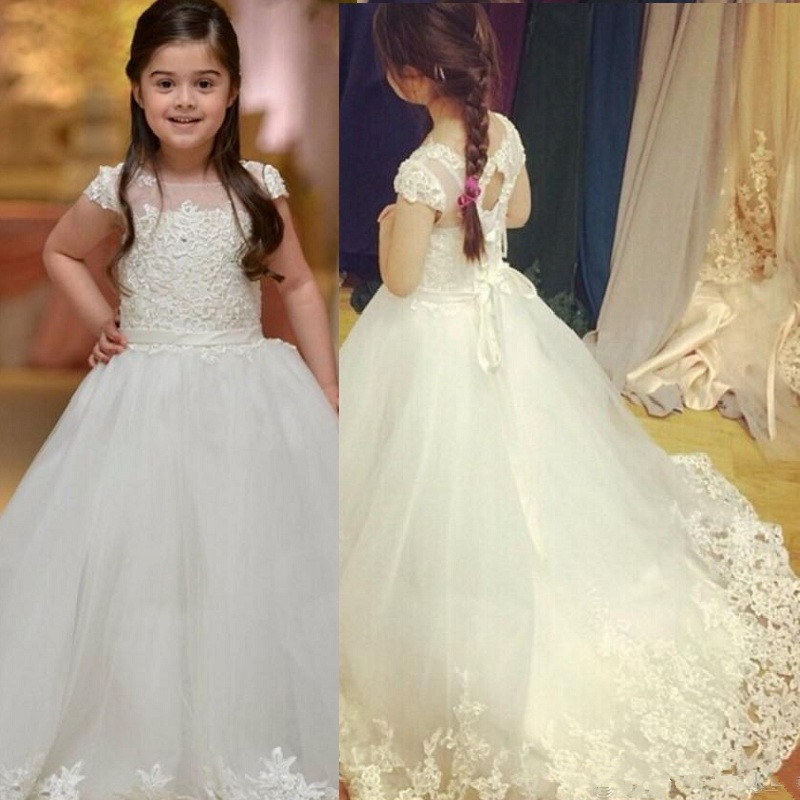

Flower Girl Dresses For Weddings With Capped Sheer Neck Appliques Lace Cupcake Pageant Dress For Girls Long Beads Girls Wedding, As image