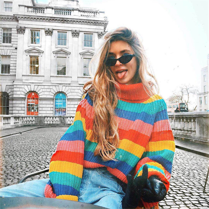

Woman Turtleneck Knit Top Pullover Rainbow Striped Female Sweater European Style Oversized Sweater, Strip