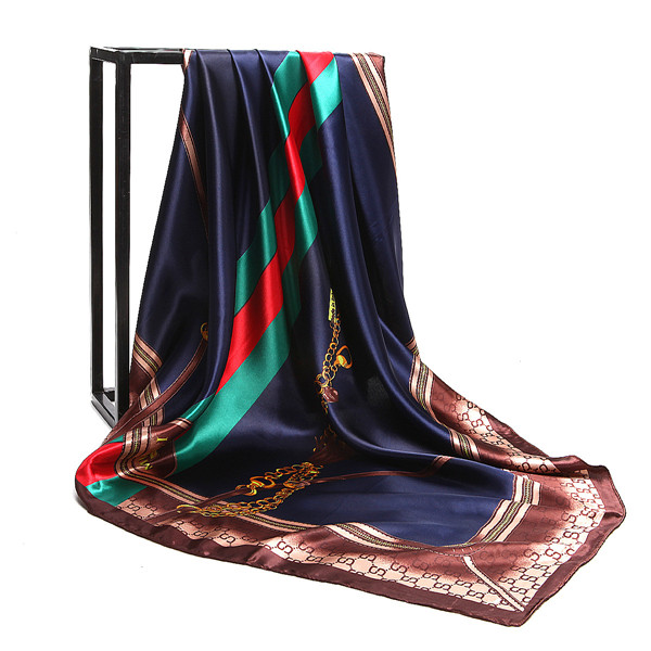 

90cm * 90com new silk scarf women fashion spring chain print lapel women shawl beach towel soft scarf square, Blue;gray