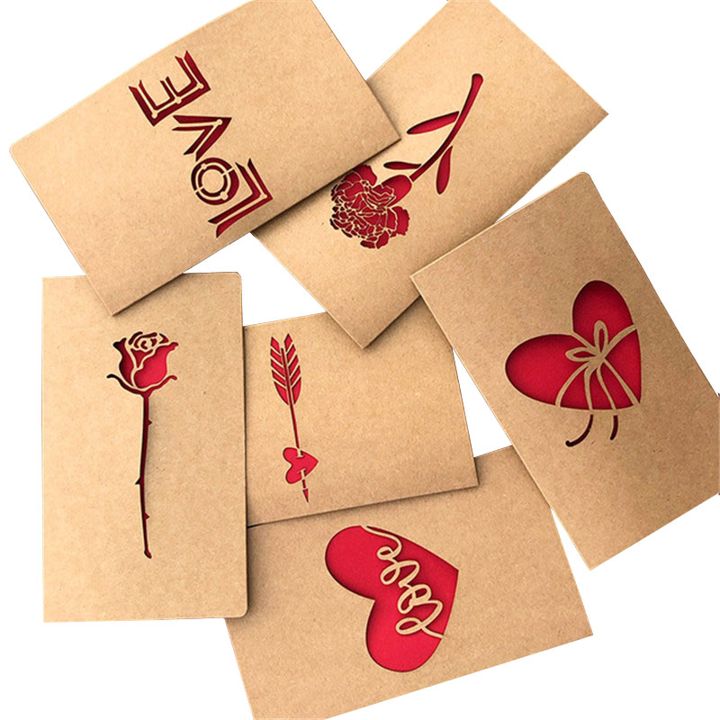 

6PC / Pack Simple Style Kraft Paper Rose Gift Card Wedding Party Birthday Invitation Card 2020 New Year Valentine's Day Gift